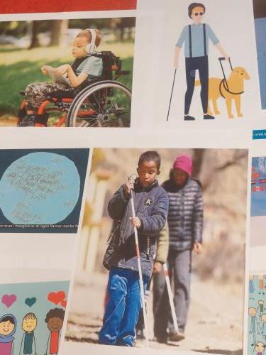 Vi viser bilder til barna om ulike funksjonsutfordringer. 